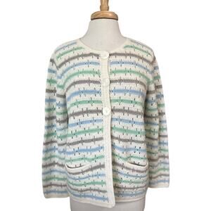 Alfred Dunner Cardigan Sweater Crochet Bolero Ivory Aqua Gray Women's L